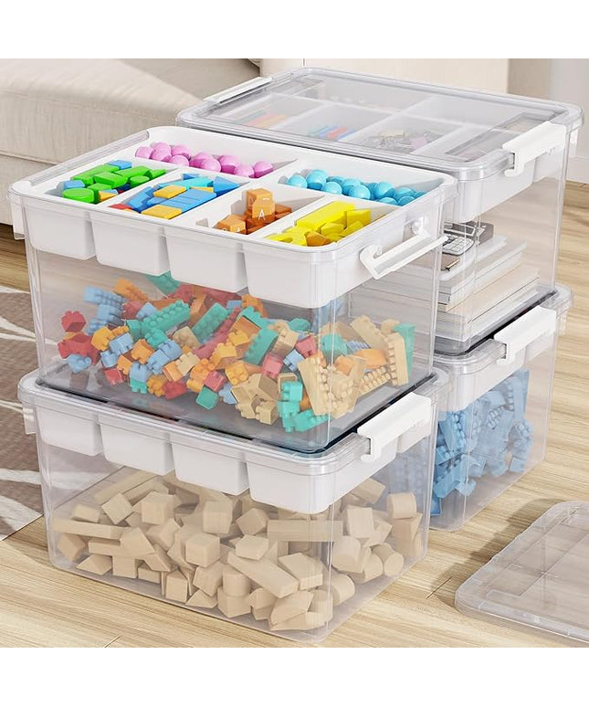 160Qt Large Stackable Storage Bins with Lids & Trays, Clear Plastic Latching Boxes Organizers with Dividers Portable 40Gal Containers for Arts & Crafts, Home and Car Trunk Organization, 4Pack