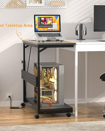 32" Large Computer Tower Stand with Power Strips, 4 Levels Manual Height Adjustable PC Tower Stand for Under Desk, Mobile Rolling CPU Holder Computer Cart with Wheels, Carbon Fiber Black