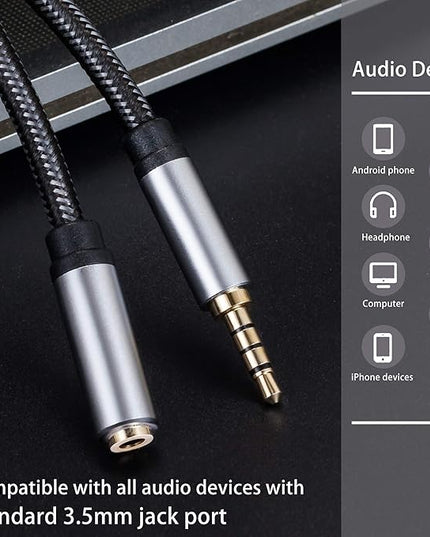Audio Mic Extension Cable 1Ft,3.5mm Aux Headphone Extender 4-Pole Jack Plug Extension Lead Stereo Male to Female Braided Cord for Headset,TV,Laptop,Phone,Switch Lite,Car,PS4,Xbox and More(1Ft/0.3M)