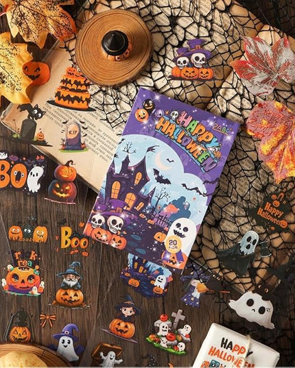 Dwpetzo Transparent Halloween Scrapbook Stickers Book, 20 Sheets Diecut PET Stickers for Journaling, Purple Vintage Spooky Theme for Scrapbooking, Junk Journal Supplies, Planner, Bujo, Crafts Arts