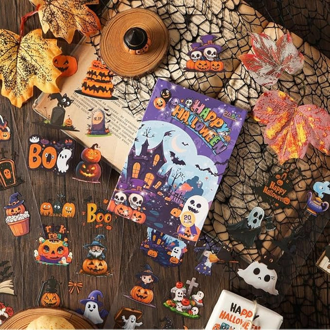 Dwpetzo Transparent Halloween Scrapbook Stickers Book, 20 Sheets Diecut PET Stickers for Journaling, Purple Vintage Spooky Theme for Scrapbooking, Junk Journal Supplies, Planner, Bujo, Crafts Arts