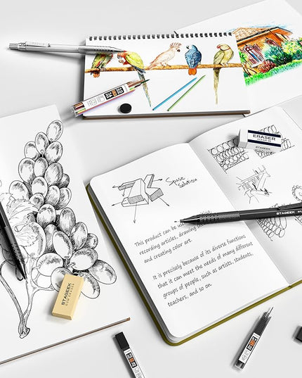 STAGEEK 45PCS Black & Silver Metal Mechanical Pencil Set in Leather Case, 0.5, 0.7, 0.9, 2.0mm Drafting Pencils with 28 Tubes(6B 4B 2B HB 2H 4H & Colors)Lead Refills for Art Drawing, Sketching,Writing