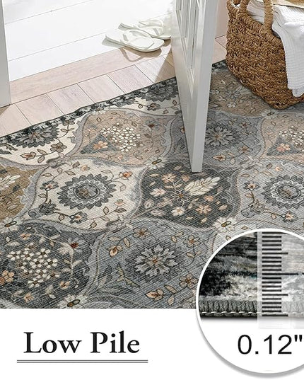 Lahome Moroccan Washable Area Rug 6x9, Ultra-Thin Large Living Room Rugs for Bedroom, Oriental Trellis Distressed Non Shedding Throw Carpet for Dining Room Office, Grey