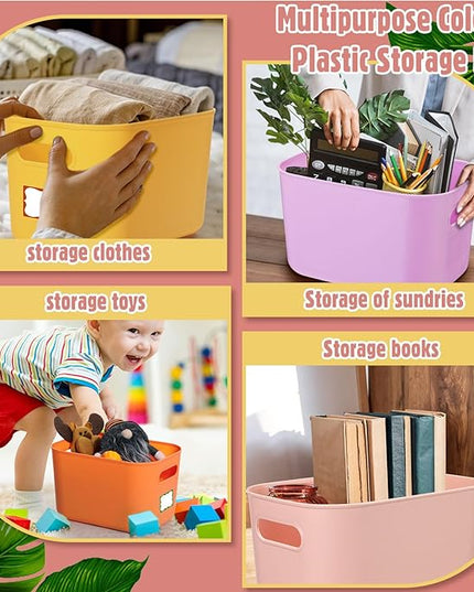Thyle 12 Pack 7 Quarts Plastic Storage Bins for Christmas Storage with Lids Handles Colorful Stackable Desktop Box Bins with Label for Shelf Drawer,10 x 7 x 6 Inch (Macaron Color)