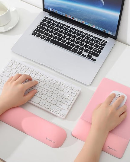 UnivoColors Design-Wave Set of Keyboad Wrist Rest & Mouce Pad,Artificial Sheepskin+Memory Foam+Ergonomic+Anti-Slip Gel, Resilience Support During Work and Gaming,Keyboard Accessory,Pink,N