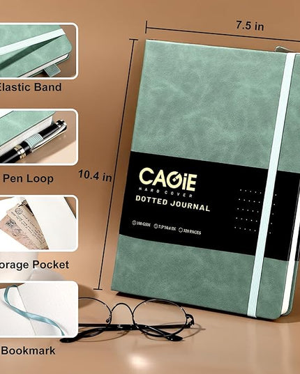 CAGIE Bullet Dotted Journal Notebook 320 Pages 100 GSM Paper Hardcover B5 Dot Grid Notebook Leather Journals for Writing Women Men Work Journaling, Green