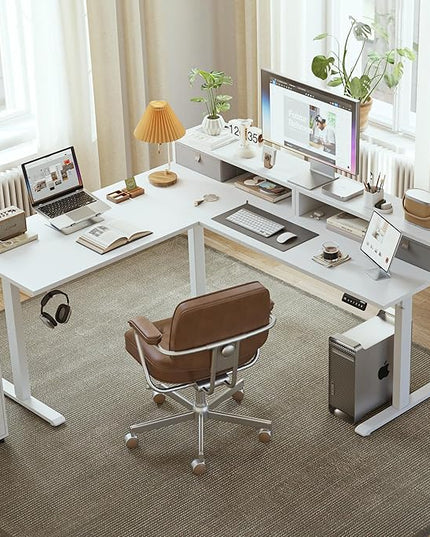 Agilestic L Shaped Electric Standing Desk with 2 Drawers, 63 Inch Ergonomic Adjustable Height Desk with Storage, Corner Desk Sit Stand up Computer Table for Work Office Home, White