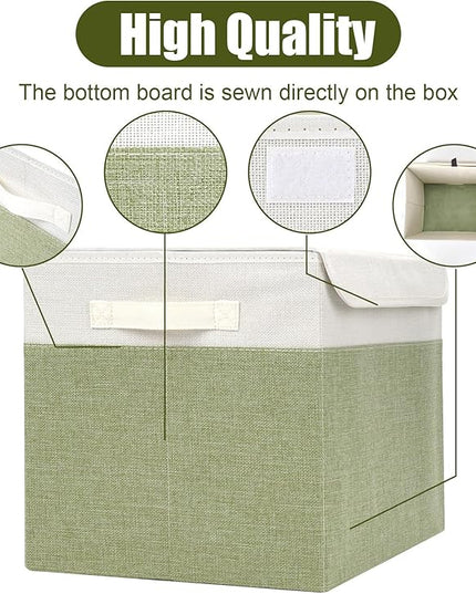 Large 17" 42 Quarts Collapsible Stackable Storage Bins with Lids [3-Pack] Foldable Fabric Linen Storage Boxes Cube, Closet Organizer Baskets with Label for Home (16.7 x 12 x 12", Green & White)