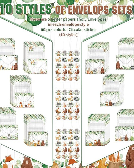 TaoBary 160 Pcs Stationery Paper Set 50 Double Sided Stationery Papers with 50 Matching Envelopes and 60 Round Dot Sticker, 10 Design(Land Animal,5.5 x 8.25 Inch)