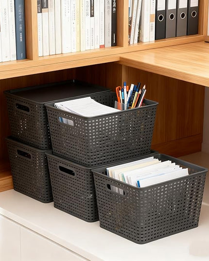 Zopnny Plastic Storage Baskets with Lid, Stackable Storage bins for Organizing Shelves Drawers Desktop Closet Playroom Classroom Office, 6 Pack, 20 Quart