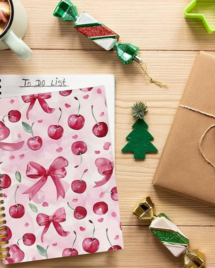 JKMBN Trendy Coquette Pink Bow Cherry Journaling Notebooks, Preppy Spiral Notebook, Cute Notebook Journal for Girls, Pink Office Supplies, Hardcover Spiral Lined Notebook 5.5 x 8.3