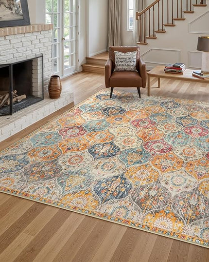 Lahome Moroccan 6x9 Rugs for Living Room, Soft Washable 6x9 Area Rug for Bedroom, Ultra-Thin Oriental Trellis Distressed Non Shedding Throw Large Carpet for Dining Room Office, Cream/Multi