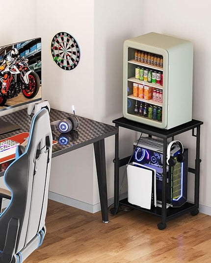 Snughome Extra-Large Computer Tower Stand with Charging Station, Adjustable PC Tower Stand for Floor 25.2"-36.22", PC Stand with Locking Wheels Mobile Rolling CPU Holder Cart for Gaming Office Home