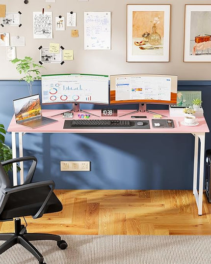 PayLessHere | 63 Inch Computer Desk | Pink | Office Desk with Metal Frame, Adjustable Feet | Water-Resistant, Scratchproof Surface | Sturdy Writing Table for Home Office or Study | Pack of 1