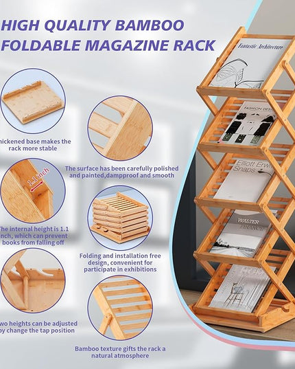 Foldable Bamboo Magazine Rack - Pop-up Display Stand, 5 Pockets Floor Magazine Holder/Rack, Show Rack for Trade Show Display Booth, A4 Size