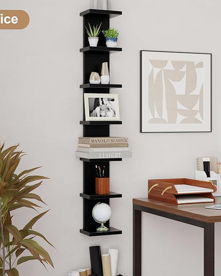 Fun Memories 7 Tier Wall Shelf Unit, Black Floating Shelves for Storage - Vertical Column Tower Design, Lack Wall Shelf Space Saving Organizer for Bedroom, Living Room, Home Decor