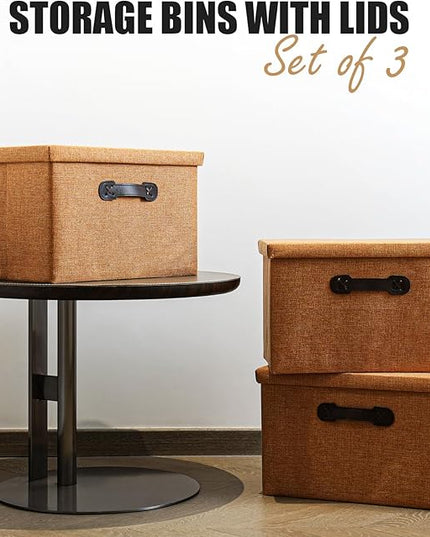 Enzk&Unity Decorative Storage Bins with Lids, Fabric Linen Foldable Storage Box with Handle Home Organizer for Shelf, Closet, Bedroom, Living Room, Office, 3 Packs, Brown