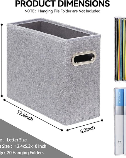 4 Pack Letter Size File Storage Box Collapsible, Fabric Hanging File Folders Organizer, Portable Office Document Holder with Metal Handle, Smooth PVC Rails, Gray
