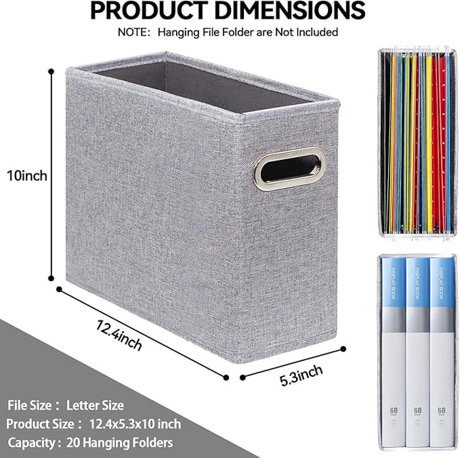 4 Pack Letter Size File Storage Box Collapsible, Fabric Hanging File Folders Organizer, Portable Office Document Holder with Metal Handle, Smooth PVC Rails, Gray