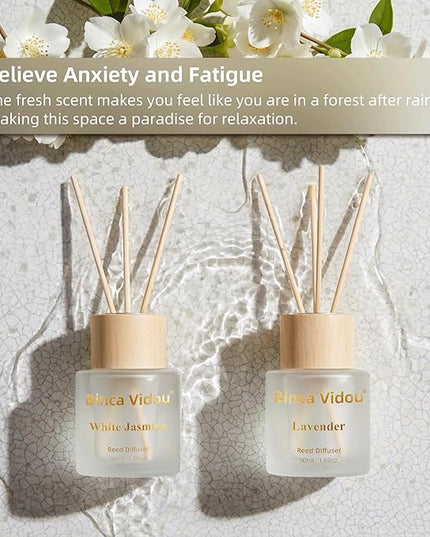 Reed Diffuser Set, Binca Vidou Lavender & White Jasmine Natural Scent Oil Diffusers with Sticks for Home Office Bathroom Aromatherapy Decor 1.69oz x 2