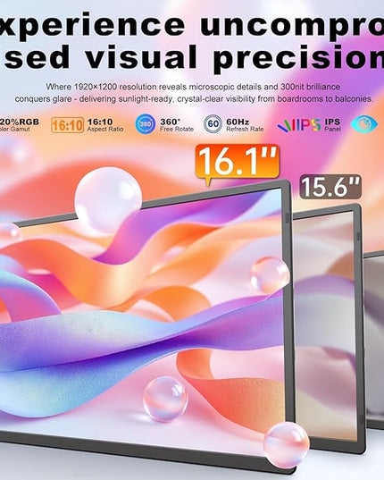 domyfan 16.1'' Laptop Screen Extender, 360° Rotating Detachable Stand/VESA Support, FHD 1200P IPS Portable Monitor, Plug & Play with HDMI/USB-A/Type-C, Compatible Win/Mac/Android