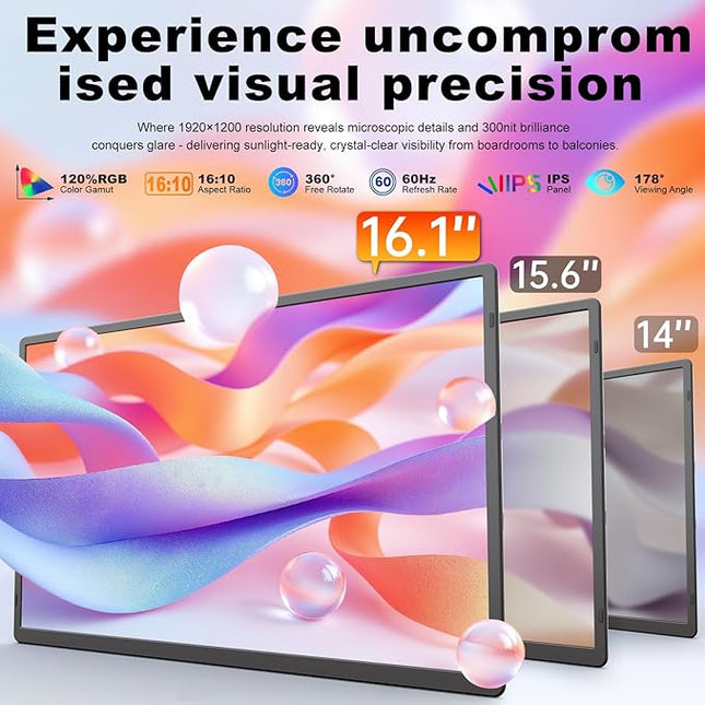 domyfan 16.1'' Laptop Screen Extender, 360° Rotating Detachable Stand/VESA Support, FHD 1200P IPS Portable Monitor, Plug & Play with HDMI/USB-A/Type-C, Compatible Win/Mac/Android