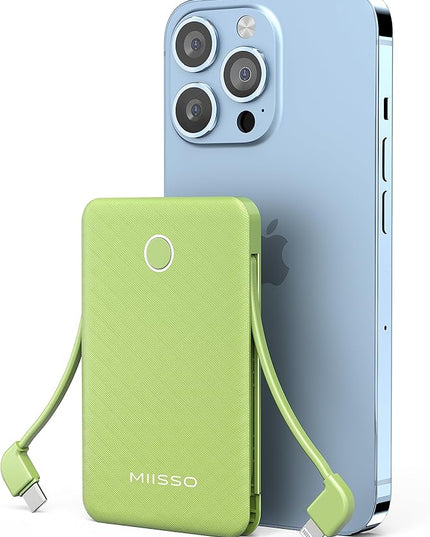miisso 6000mah Ultra Slim Built in Cables Power Bank, Card Size Built in USB C Cords Battery Pack Portable Charger for Phones, 3 Output External Battery Pack Compatible with iPhone, Deep Green