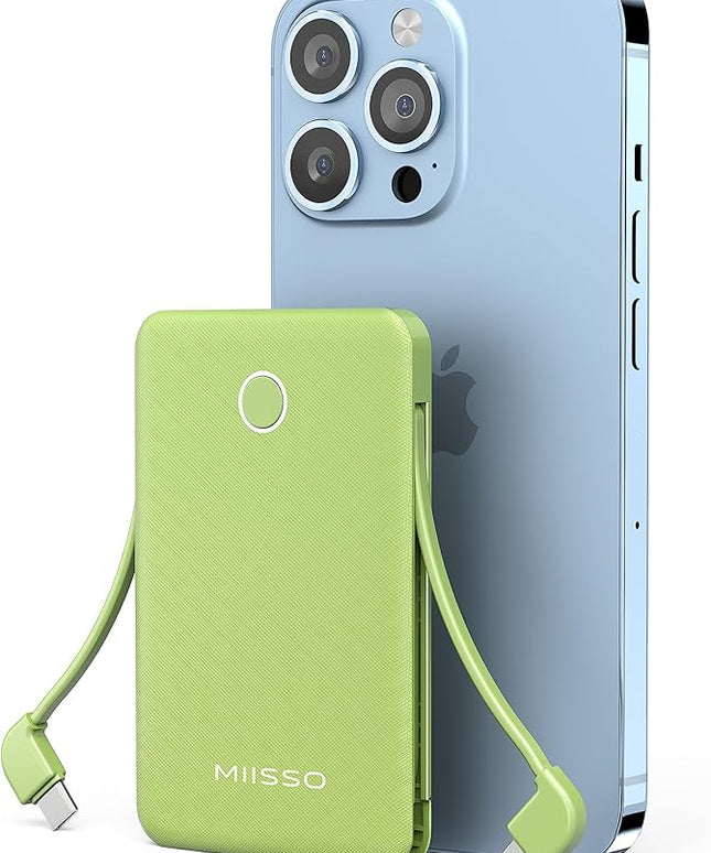 miisso 6000mah Ultra Slim Built in Cables Power Bank, Card Size Built in USB C Cords Battery Pack Portable Charger for Phones, 3 Output External Battery Pack Compatible with iPhone, Deep Green