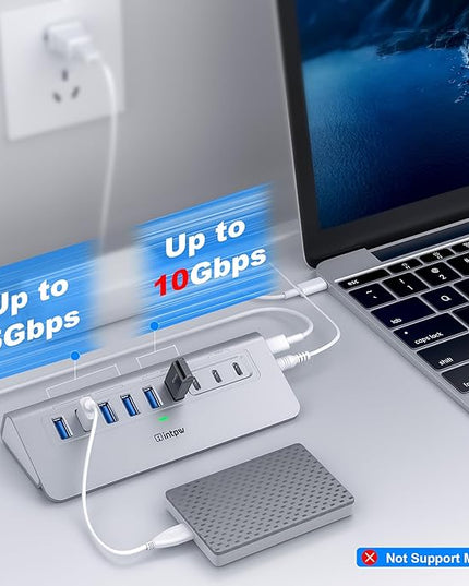 Powered USB Hub 10Gbps, intpw 9-Port USB 3.2 Hub, USB C Hub with USB A/USB C 3.2, 4 USB 3.0, 2 PD 45W Charging Ports, 65W Power Adapter and 3.3FT Cable, Aluminum USB Hub for Laptop, iPhone 17/16/15，PC