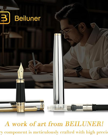 BEILUNER Silver Chrome Fountain Pen,Stunning Luxury with 24K Gold Accents, Gorgeous 24K Gilded Nib(Fine), Trustworthy Pen Gift for Men&Women -Ink Converter-Elegant, Graduation,Nice Pen for Writing