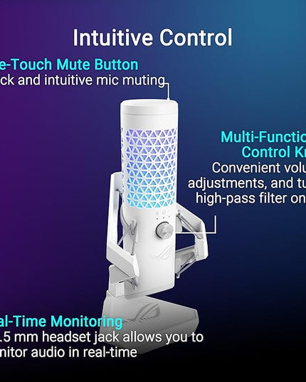 ASUS ROG Carnyx USB Gaming Microphone (25mm Condenser Capsule, 192kHz/24-bit, Cardioid, high-Pass Filter, Built-in pop Filter, Metal Shock Mount, one-Touch Mute, Aura Sync RGB)- Moonlight White