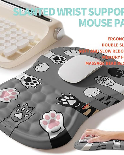 2-in-1 Ergonomic Set, Wave Rise Keyboard Wrist Rest and Massage Bulge Slope Mouse Pad Wrist Support, Cushion Memory Foam Integrated to Relieve Wrist Pain, Cute Cat Paws