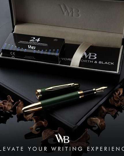 Wordsworth & Black Majesti Fountain Pen-(Green), Luxury Case, 24K Gold Finish; 18K Gilded Medium Nib- Ink Cartridges, Refillable Ink Converter-Calligraphy Pen-Best Business Gift Set for Men & Women