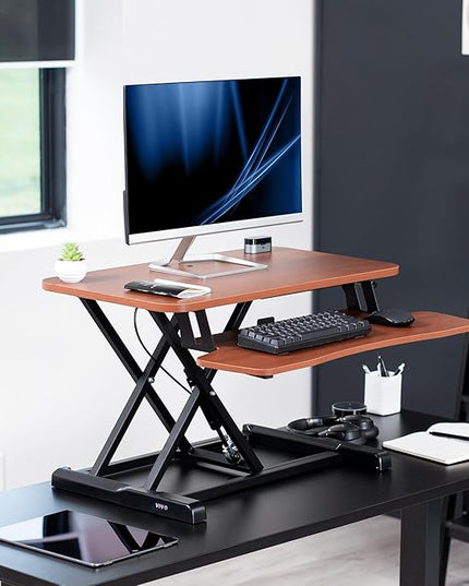 VIVO 28 inch Desk Converter, K Series, Height Adjustable Sit to Stand Riser, Dual Monitor and Laptop Workstation with Keyboard Tray, Dark Walnut Top, Black Frame, DESK-V028KA