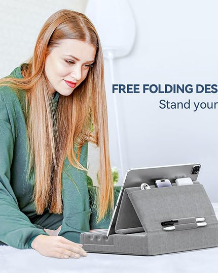 KDD Tablet Pillow Holder, Foldable iPad Stand for Lap, Bed and Desk -Tablet Soft Pad Dock with Pocket & Stylus Mount Compatible with iPad Pro 12.9, 10.5, 9.7 Air Mini 6 5 4 3, Galaxy Tab, E-Reader