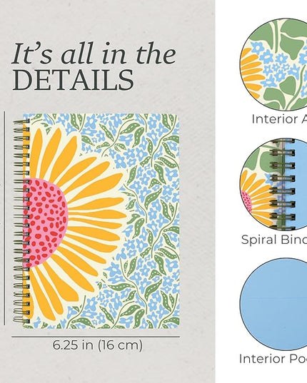 Steel Mill & Co Cute Mini Spiral Notebook, 8.25" x 6.25" Journal with Durable Hardcover and 160 Lined Pages (Sunflower)