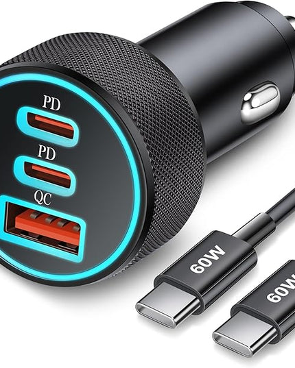 67W 3-Port Super Fast Type C Car Charger USB C for Samsung Galaxy S25 S24 S23 S22 S21 Ultra, iPhone 17/Air/16/15 Pro Max, Android, PD/QC Car Phone Adapter Accessories for Men Women + 3FT USB-C Cable