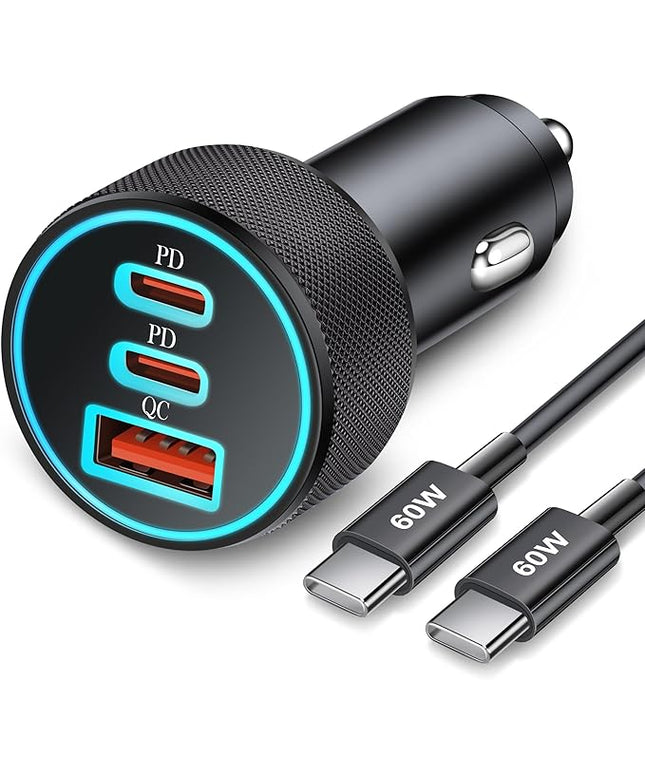 67W 3-Port Super Fast Type C Car Charger USB C for Samsung Galaxy S25 S24 S23 S22 S21 Ultra, iPhone 17/Air/16/15 Pro Max, Android, PD/QC Car Phone Adapter Accessories for Men Women + 3FT USB-C Cable