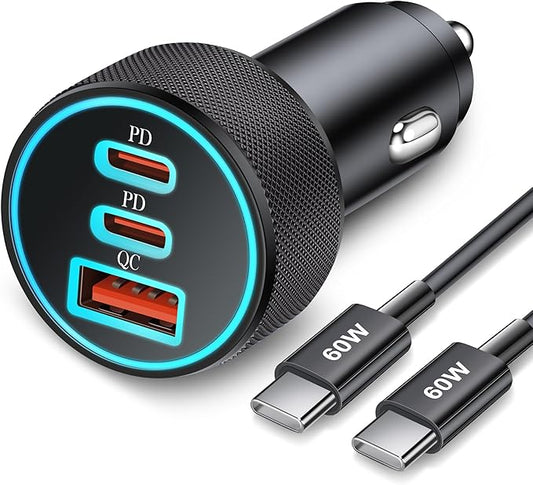 67W 3-Port Super Fast Type C Car Charger USB C for Samsung Galaxy S25 S24 S23 S22 S21 Ultra, iPhone 17/Air/16/15 Pro Max, Android, PD/QC Car Phone Adapter Accessories for Men Women + 3FT USB-C Cable