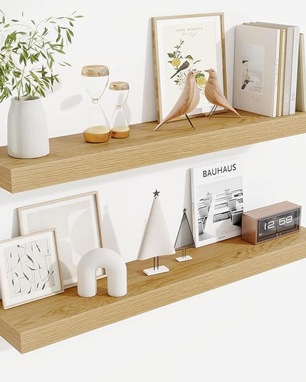Fun Memories Floating Shelves for Room Wall, 36 Inch Long Shelf Set of 2， Hanging Wood Shelves for Storage & Display, Oak
