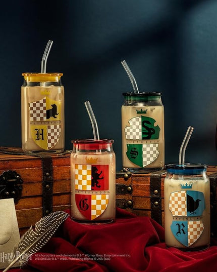 JoyJolt Harry Potter House Crests Glass Tumblers with Lids and Straws, 16oz Glass Cups with Lids and Straws, Can Shaped Drinking Glasses Set of 4, Hogwarts Cup, Harry Potter Merchandise