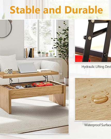 Small Lift Top Coffee Table, Wood Rectangle Coffee Table with Lifting Top and Hidden Storage Compartment, Mid Century Modern Center Tables for Small Space, Living Room, Office (Natural)