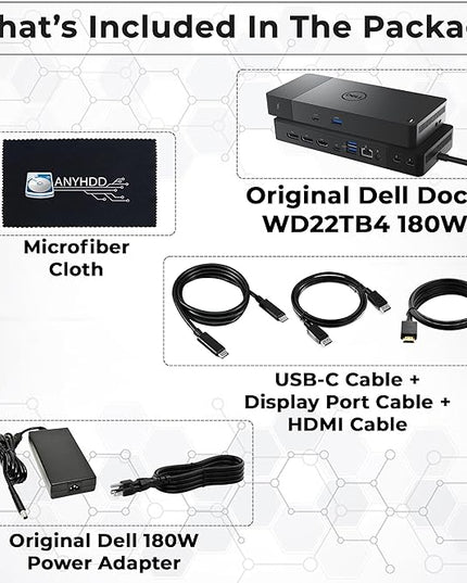 Dell WD22TB4 Thunderbolt 4 Dock - 1 Year Warranty, 40Gbps USB-C/USB A, Dell Docking Station w/ 180W Adapter, HDMI, DisplayPort, USB-C Cables - Supports 4K Displays & Upto 3 Monitors (Renewed)