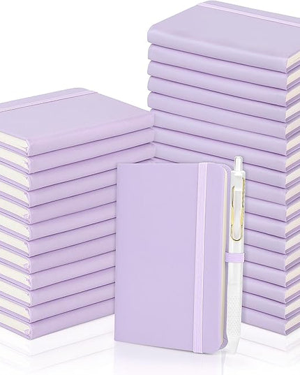 Aodaer 50 Sets Pocket Notebook Journal with Pens, 160 Pages, 3.5 x 5.5 Inch Mini Lined Journal Notebook A6 Leather Hardcover College Ruled Notepad with Pen Holder for School Office Gifts, Lavender