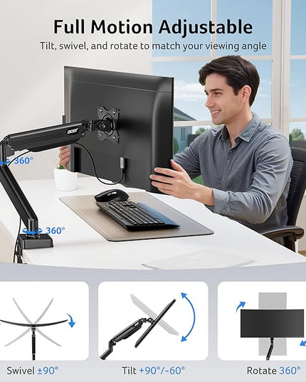 Acer Single Monitor Mount, Fully Adjustable Monitor Arm Fits 17 to 34 Inch Screens, Gas Spring VESA Mount with C-Clamp & Grommet Base, Computer Desk Arm with Tilt Swivel Rotate Supports 4.4-19.8 lbs