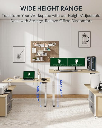 FLEXISPOT 55" L Shaped Standing Desk with Drawers and Shelves, Large Corner Stand Up Desk with Headphone Hooks for Home Office, Light Wood Grain Top+ White Frame