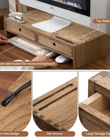 KIRIGEN Wood Monitor Stand with 2 Drawers - Computer Arm Riser Desk Storage Organizer,Speaker TV Laptop Printer Stand with Pen Slot and Cable Management,Dark Brown Desktop Shelf for Office DBR-2PMJ