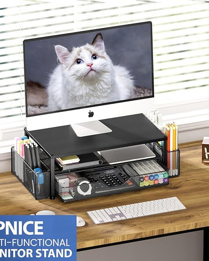 OPNICE Desk Organizer and Accessories, 2-Tier Computer Monitor Stand Riser with Drawer and 2 Pen Holders, Laptop Stand, Office Desk Accessories for Office Supplies, Black