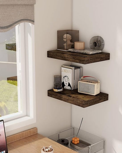 12 Inch Deep Floating Shelves, 16 x 12 Floating Shelf for Books, Rustic Wood Deep Wall Shelves for Home Storage & Display, 2" Thicked Shelves for Kitchen, Living Room, Bedroom, Rustic Brown, 2 Pack