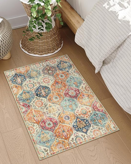 Lahome Moroccan Trellis Washable Rug, 2x3 Kitchen Rugs for Entryway Bathroom, Non-Slip Indoor Door Mat Ultra-Thin, Small Oriental Throw Carpet for Bedroom Entry, Cream/Multi